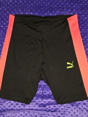 Puma Womens Black Shortals with Coral Side Panels and Neon Yellow Logo